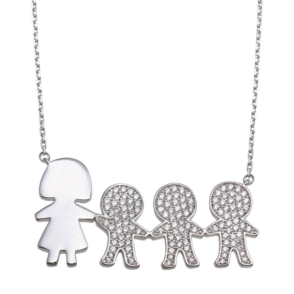 Silver 925 Rhodium Plated CZ 3 Boys and Mom Family Necklace - GMN00170 | Silver Palace Inc.