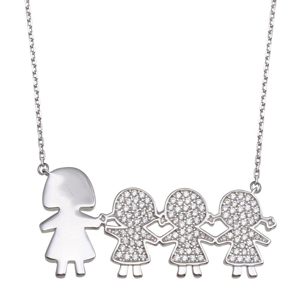 Silver 925 Rhodium Plated CZ 3 Girls and Mom Family Necklace - GMN00171 | Silver Palace Inc.