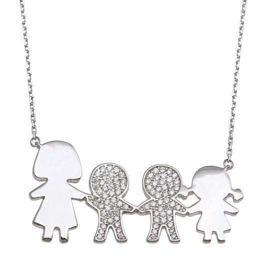 Silver 925 Rhodium Plated CZ 2 Boys, Girl and Mom Family Necklace - GMN00172 | Silver Palace Inc.