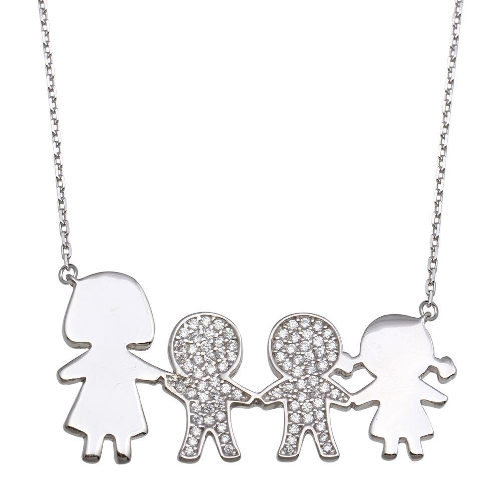 Silver 925 Rhodium Plated CZ 2 Girls, Boy and Mom Family Necklace - GMN00173 | Silver Palace Inc.