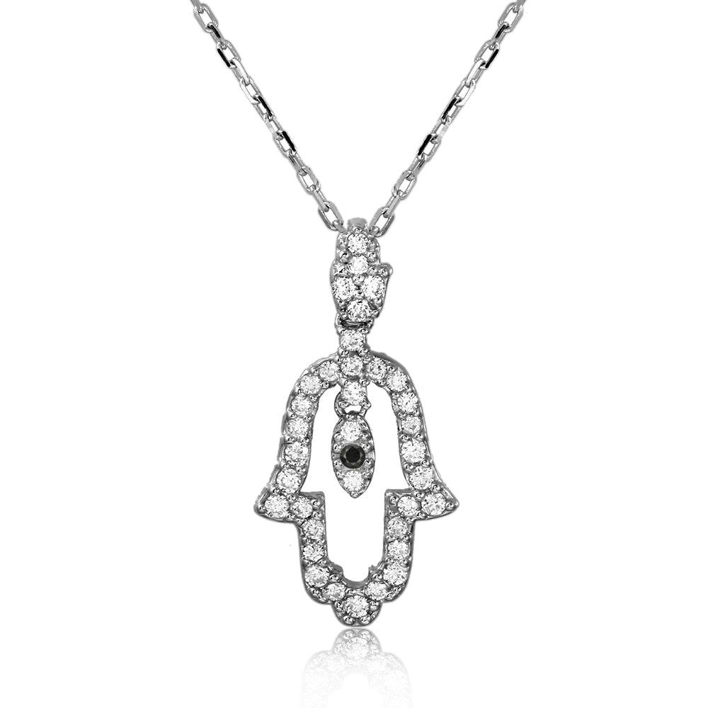 Silver 925 Rhodium Plated Open Hamsa CZ Necklace - GMP00004BLACK | Silver Palace Inc.