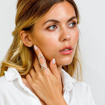 Silver 925 Rhodium Plated Knuckle Extension CZ X V Ring - GMR00031