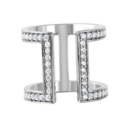 Silver 925 Rhodium Plated CZ Double Bar Ring - GMR00043