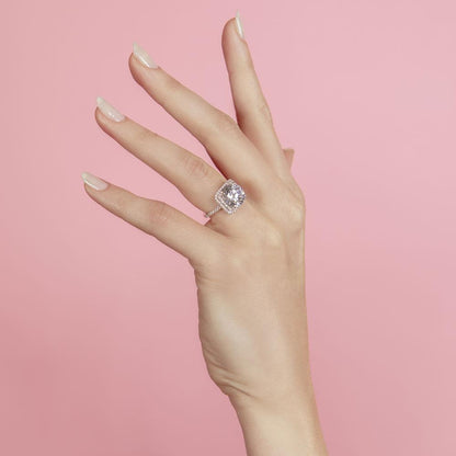 Silver 925 Rhodium Plated Square Halo Ring with Round CZ Center Stone - GMR00051