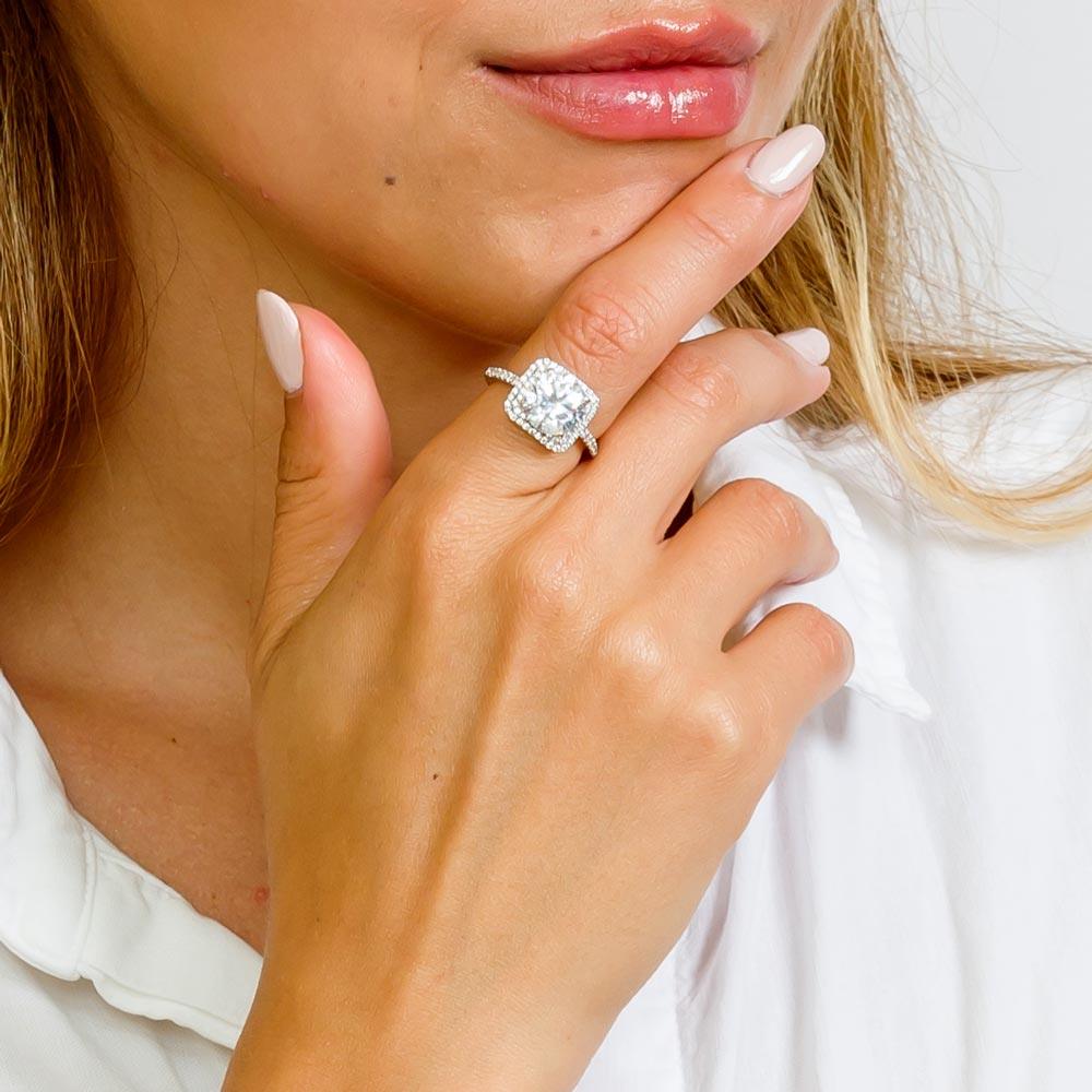 Silver 925 Rhodium Plated Square Halo Ring with Round CZ Center Stone - GMR00051