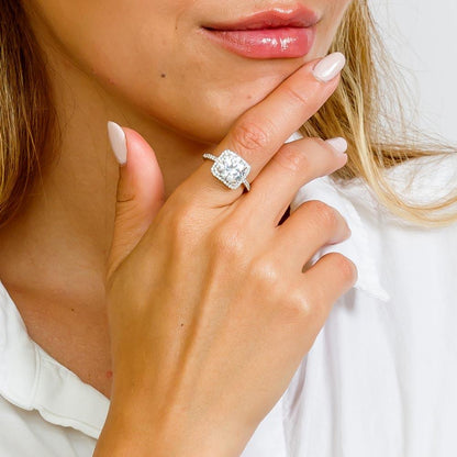 Silver 925 Rhodium Plated Square Halo Ring with Round CZ Center Stone - GMR00051