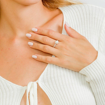 Silver 925 Rhodium Plated Faux Pearl CZ Accent Ring - GMR00056