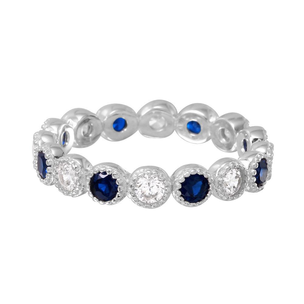 Silver 925 Rhodium Plated Round Eternity Stackable Blue CZ Ring - GMR00064S