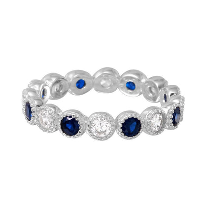 Silver 925 Rhodium Plated Round Eternity Stackable Blue CZ Ring - GMR00064S