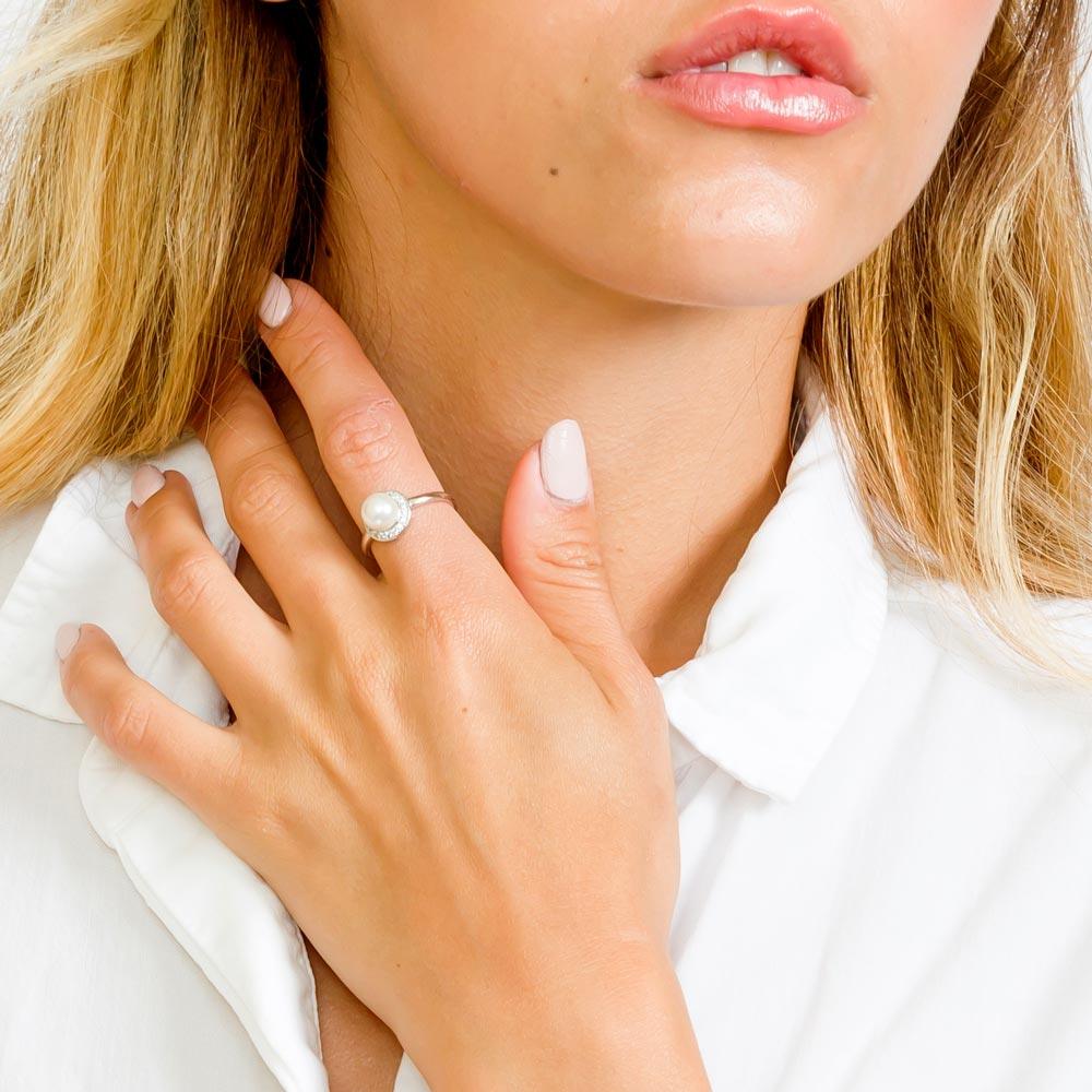 Silver 925 Rhodium Plated Round Band with Synthetic Pearl CZ Halo Ring - GMR00073