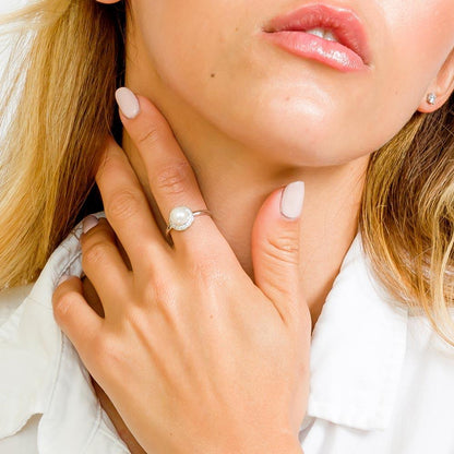 Silver 925 Rhodium Plated Round Band with Synthetic Pearl CZ Halo Ring - GMR00073