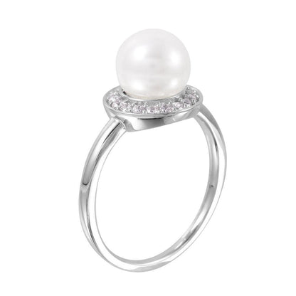 Silver 925 Rhodium Plated Round Band with Synthetic Pearl CZ Halo Ring - GMR00073