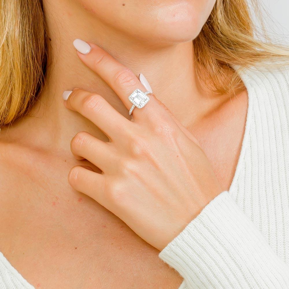 Silver 925 Rhodium Plated Emerald Cut Halo Ring - GMR00082