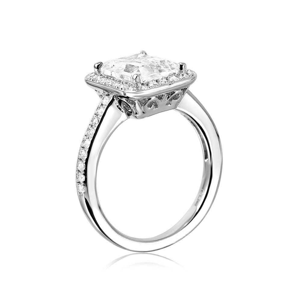 Silver 925 Rhodium Plated Emerald Cut Halo Ring - GMR00082