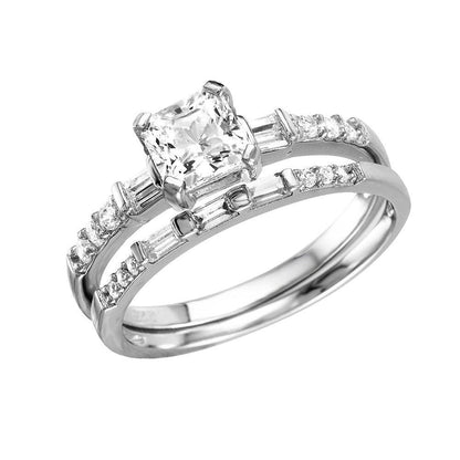 Silver 925 Rhodium Plated Square Center Baguette CZ Stones Ring - GMR00086 | Silver Palace Inc.