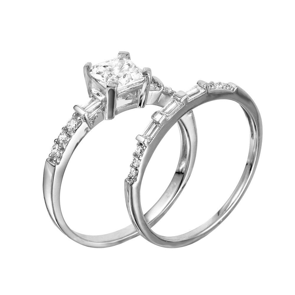 Silver 925 Rhodium Plated Square Center Baguette CZ Stones Ring - GMR00086