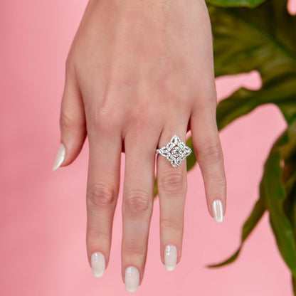 Silver 925 Rhodium Plated Diamond Shape Design Ring Encrusted with CZ Stones - GMR00087