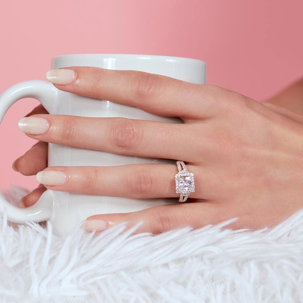 Silver 925 Rhodium Plated Square Design CZ Center Stone Ring - GMR00094