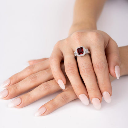 Silver 925 Rhodium Plated Red Emerald Cut Center CZ Stone Ring - GMR00101R
