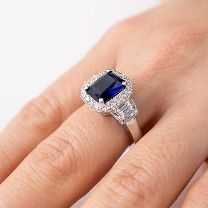 Silver 925 Rhodium Plated Sapphire Emerald Cut Center CZ Stone Ring - GMR00101S
