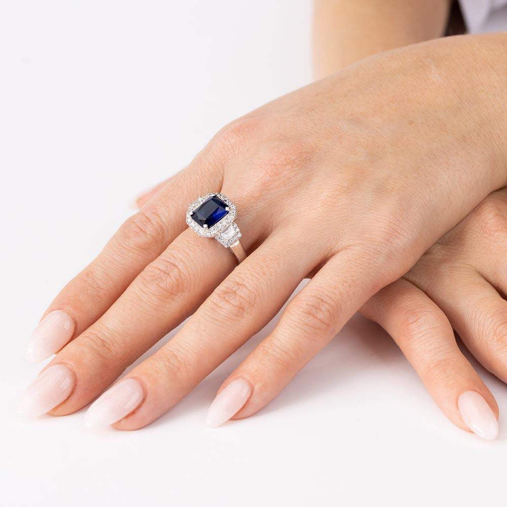 Silver 925 Rhodium Plated Sapphire Emerald Cut Center CZ Stone Ring - GMR00101S