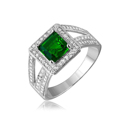 Silver 925 Rhodium Plated Green Square Halo with Micro Pave CZ Ring - GMR00103G | Silver Palace Inc.