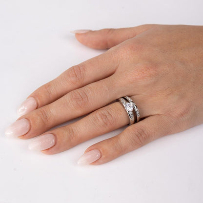 Silver 925 Rhodium Plated Round Pave Center Set Bridal Ring - GMR00134