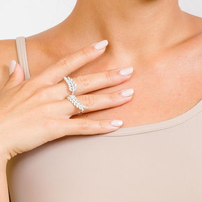 Silver 925 Rhodium Plated Two Fingered Leaf Ring with CZ - GMR00141