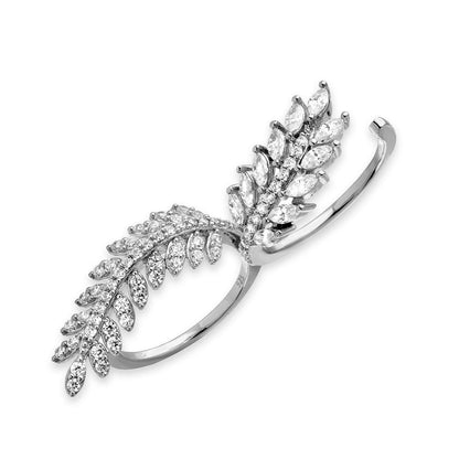 Silver 925 Rhodium Plated Two Fingered Leaf Ring with CZ - GMR00141 | Silver Palace Inc.
