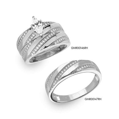 Silver 925 Rhodium Plated Marquise Center Trio Bridal Ring - GMR00146