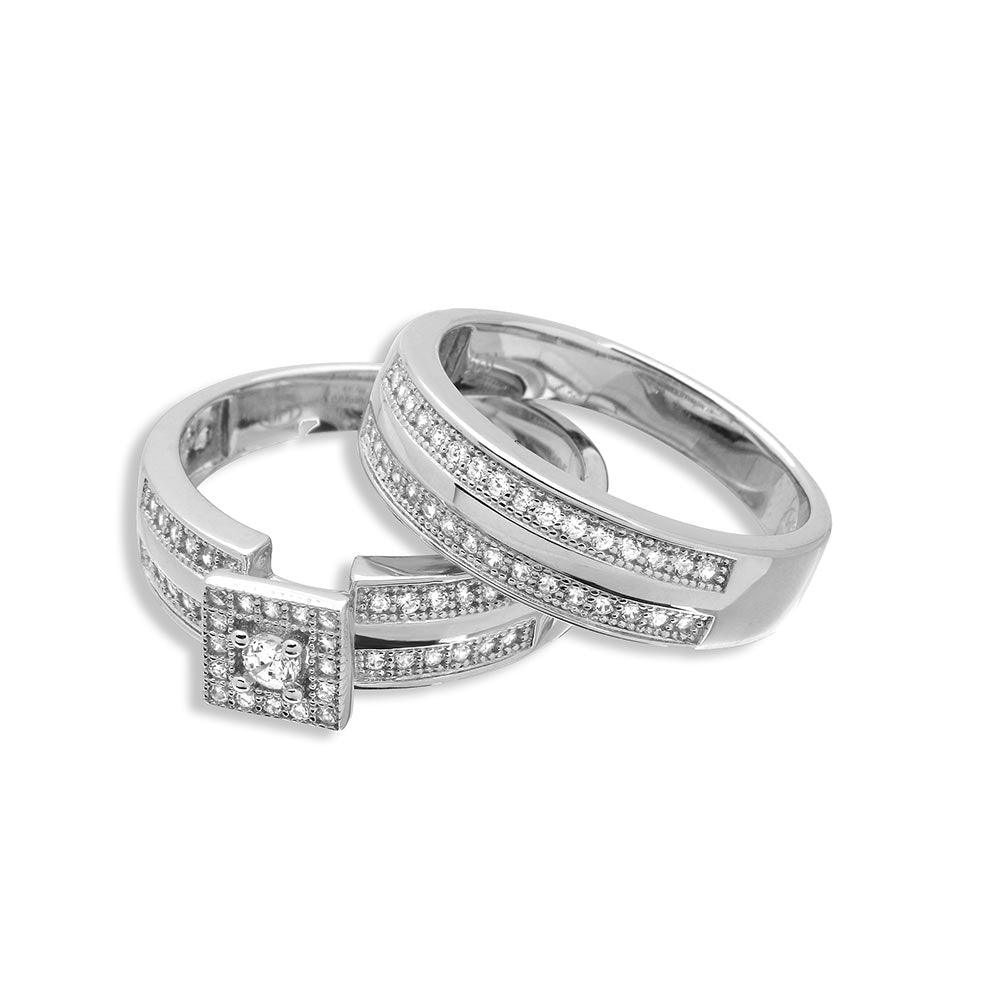 Silver 925 Rhodium Plated Round Square Center Trio Bridal Ring - GMR00148