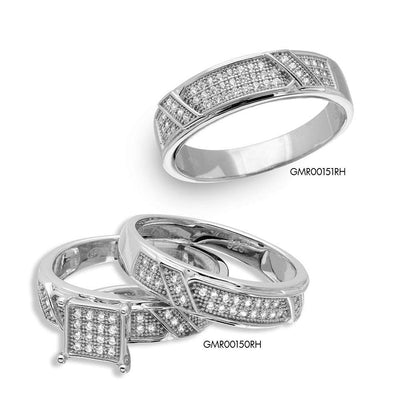 Silver 925 Rhodium Plated Square Pave Center Trio Bridal Ring - GMR00150