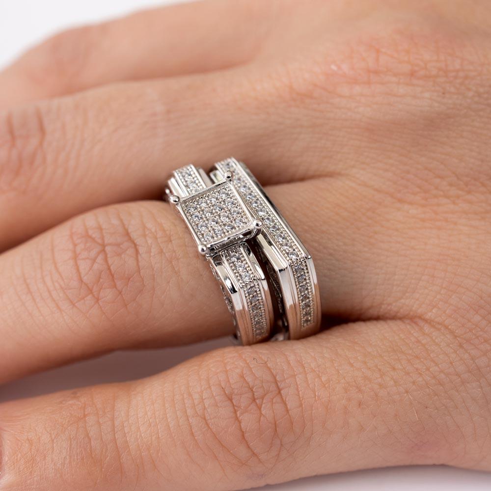 Silver 925 Rhodium Plated Two Piece Clear CZ Square Bar Accent Ring - GMR00152