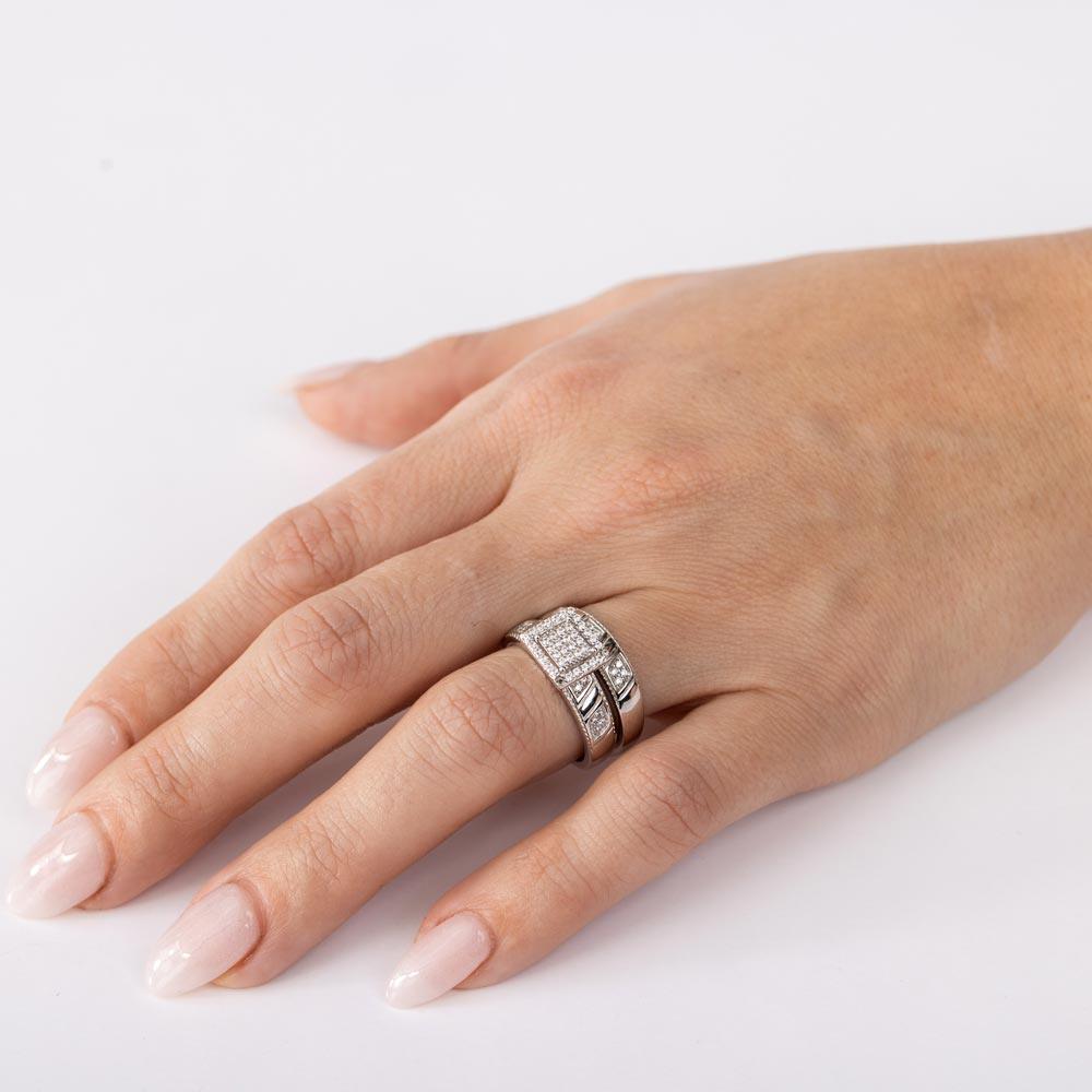 Silver 925 Rhodium Plated Square Pave Center Trio Bridal Ring - GMR00158