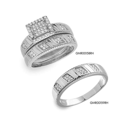 Silver 925 Rhodium Plated Square Pave Center Trio Bridal Ring - GMR00158