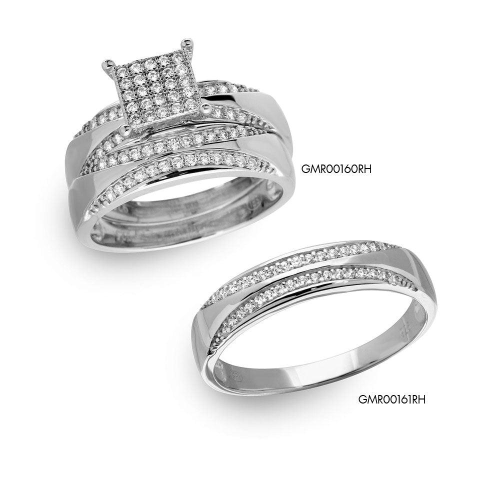 Silver 925 Rhodium Plated Square Pave Center Trio Bridal Ring - GMR00160