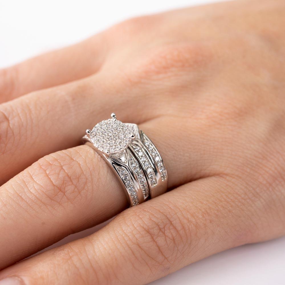 Silver 925 Rhodium Plated Round Pave Center Trio Bridal Ring - GMR00162