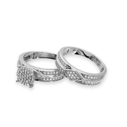 Silver 925 Rhodium Plated Round Pave Center Trio Bridal Ring - GMR00162