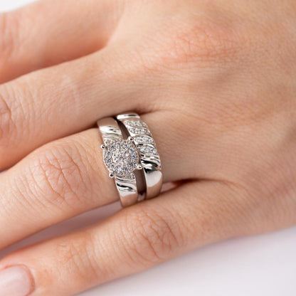 Silver 925 Rhodium Plated Sideway Stone Design Custer CZ Center Wedding Ring - GMR00164