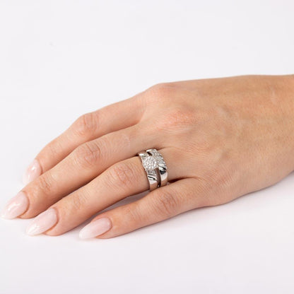 Silver 925 Rhodium Plated Sideway Stone Design Custer CZ Center Wedding Ring - GMR00164