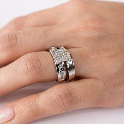 Silver 925 Rhodium Plated Square Pave Center Trio Bridal Ring - GMR00168
