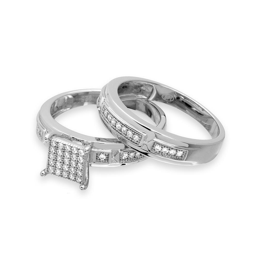 Silver 925 Rhodium Plated Square Pave Center Trio Bridal Ring - GMR00168