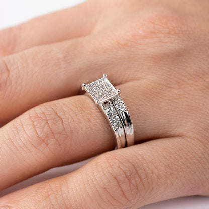Silver 925 Rhodium Plated Square Pave Center Trio Bridal Ring - GMR00170