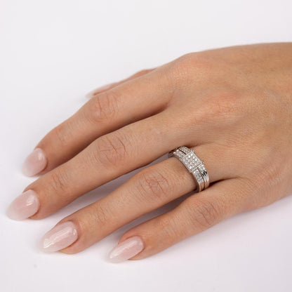 Silver 925 Rhodium Plated Square Pave Center Trio Bridal Ring - GMR00170