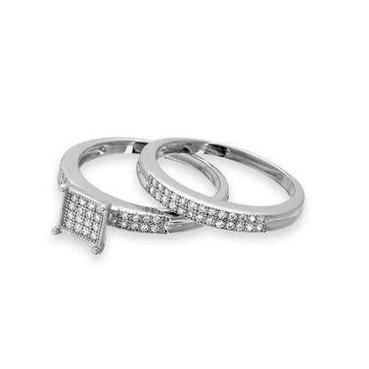 Silver 925 Rhodium Plated Square Pave Center Trio Bridal Ring - GMR00170