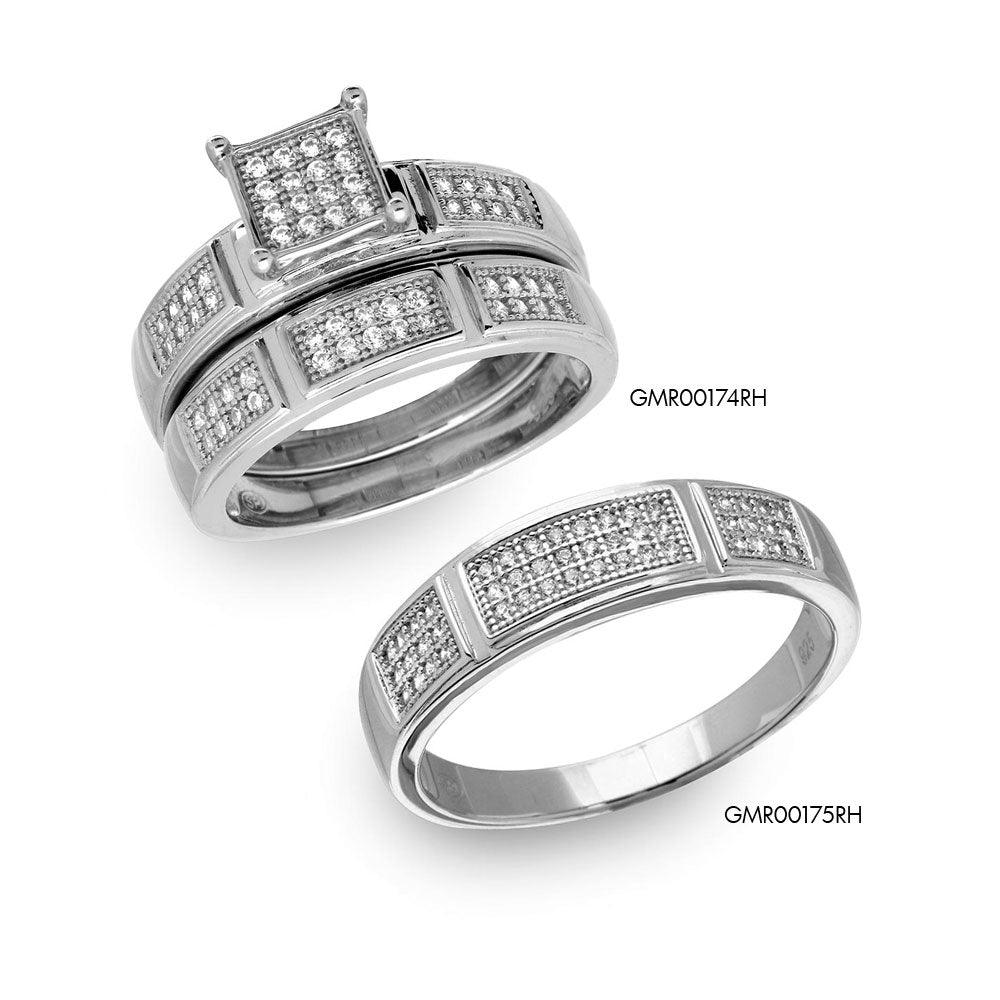 Silver 925 Rhodium Plated Square Pave Center Trio Bridal Ring - GMR00174