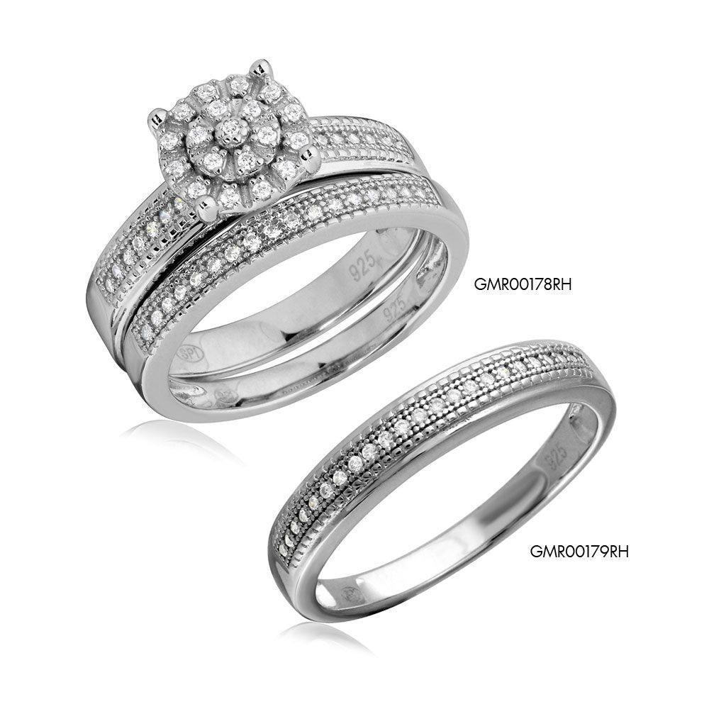 Silver 925 Rhodium Plated Cluster Stones Wedding Ring Set - GMR00178