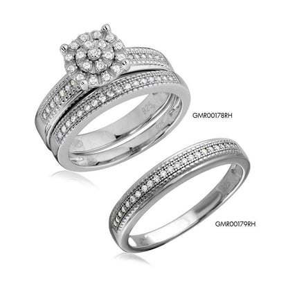Silver 925 Rhodium Plated Cluster Stones Wedding Ring Set - GMR00179