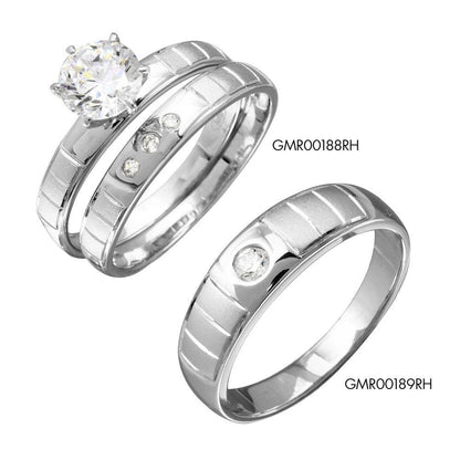 Silver 925 Rhodium Plated Line Shank Design Bridal Trios Ring - GMR00188