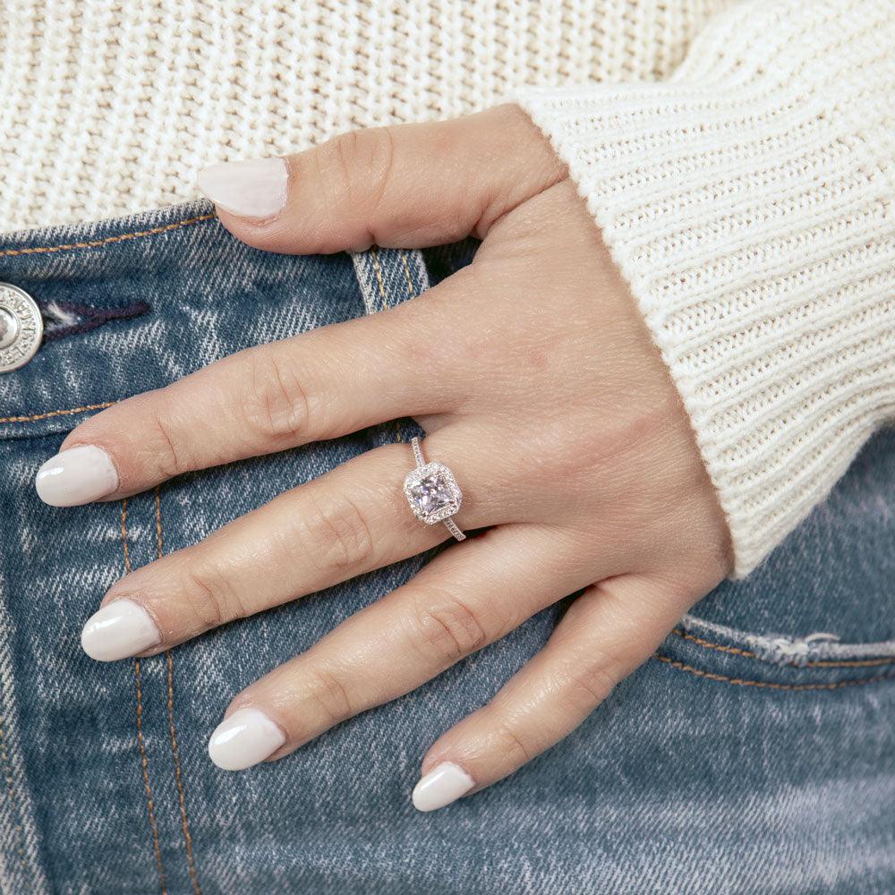 Silver 925 Rhodium Plated Square Halo Ring with CZ Shank - GMR00209
